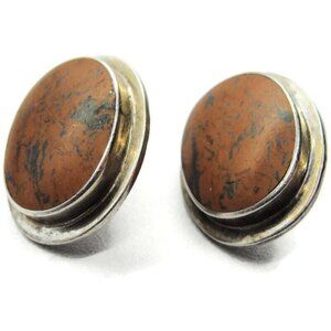925 Sterling Silver Large Oval Sandstone Mexico Post Earrings Vintage